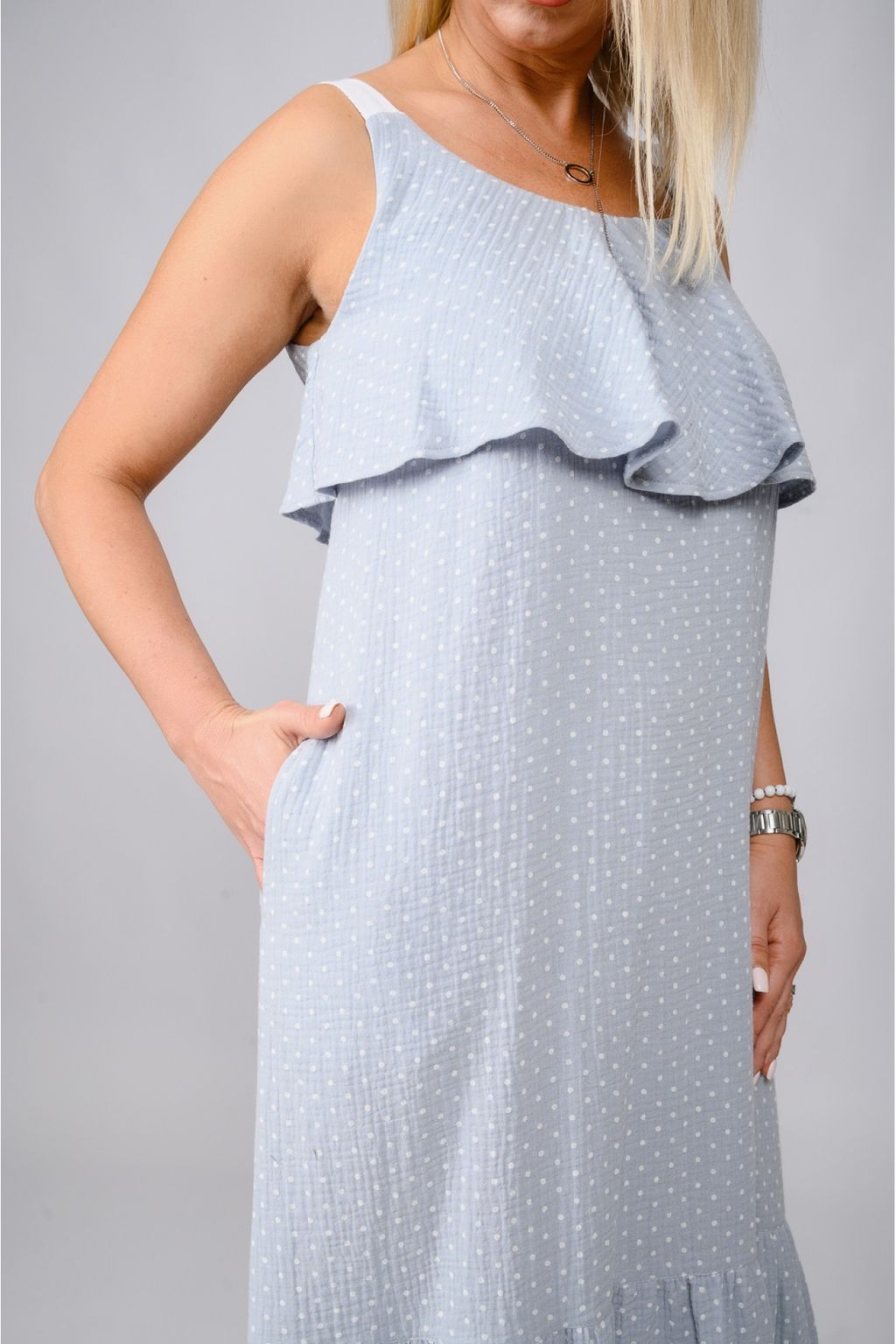 Летний сарафан из ткани «муслин» 100% хлопок 015 светло-серый горох - Новый лен фото 3
