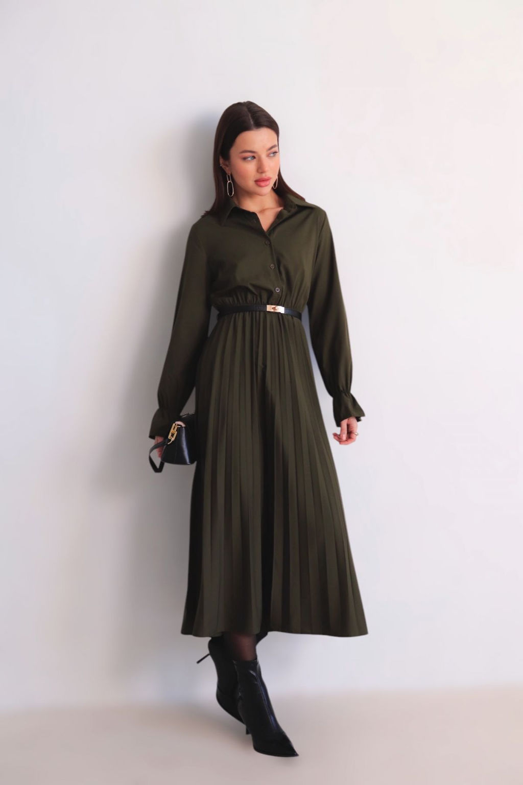 Martichelli Платье рубашка с юбкой-плиссе хаки фото 3