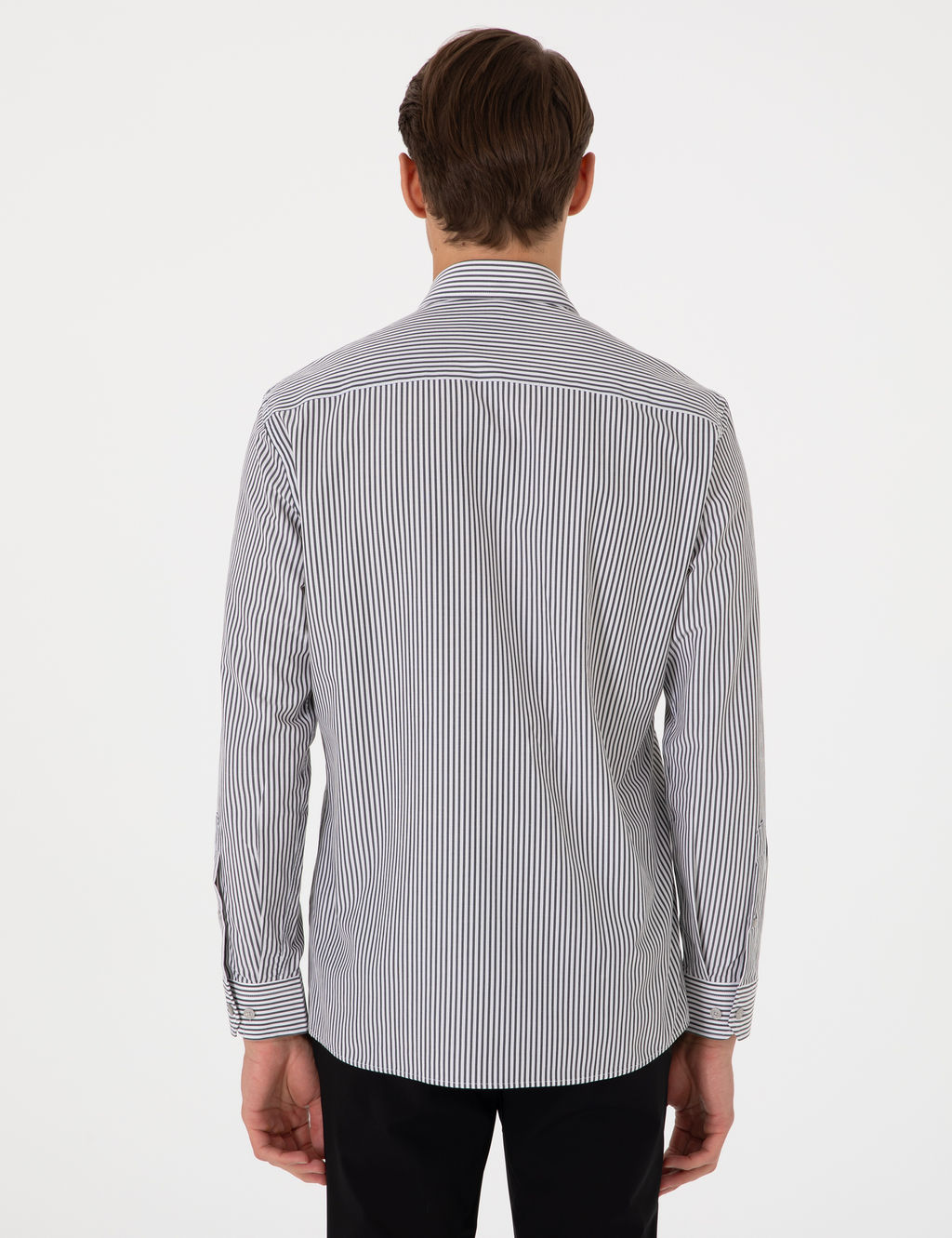 Siyah Slim Fit _izgili Uzun Kollu G_mlek