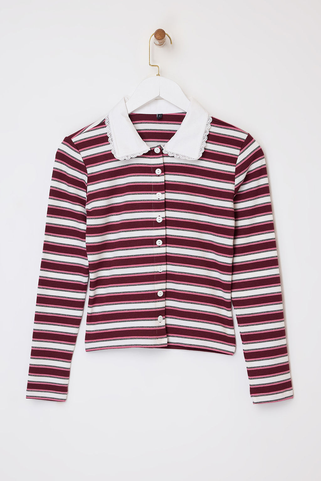 Cok Renkli Cizgili Fitted/Vucuda Oturan Polo Yaka Dugmeli Fitilli Esnek Orme Bluz TWOSS26BZ00067