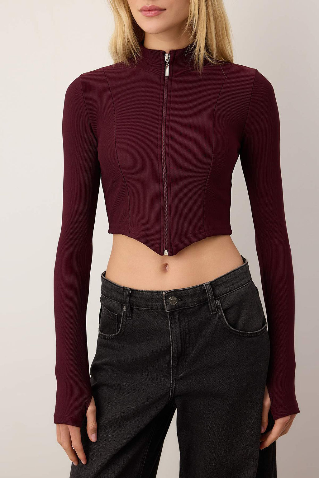 Bordo Ottoman Fermuarl? Dik Yaka Esnek Vucuda Oturan Orme Bluz TWOAW26BZ00307 - Trendyolmilla фото 3