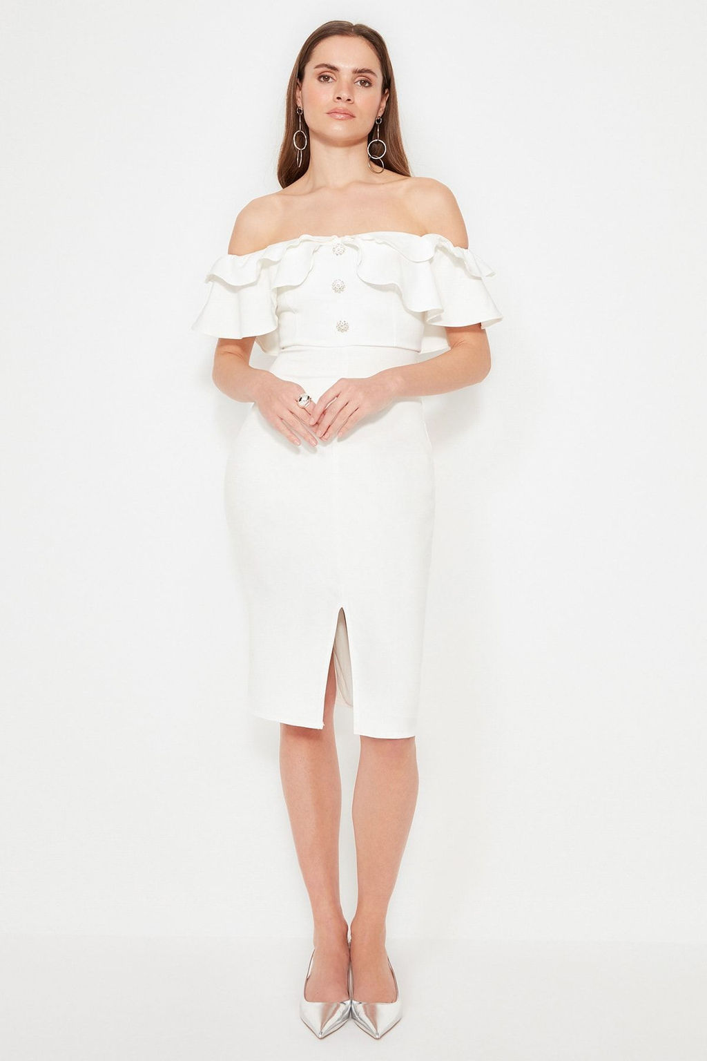 Bridal Ekru Astarl? Volanl? Dokuma Abiye Gece Elbise TPRSS21EL1403 - Trendyolmilla фото 2