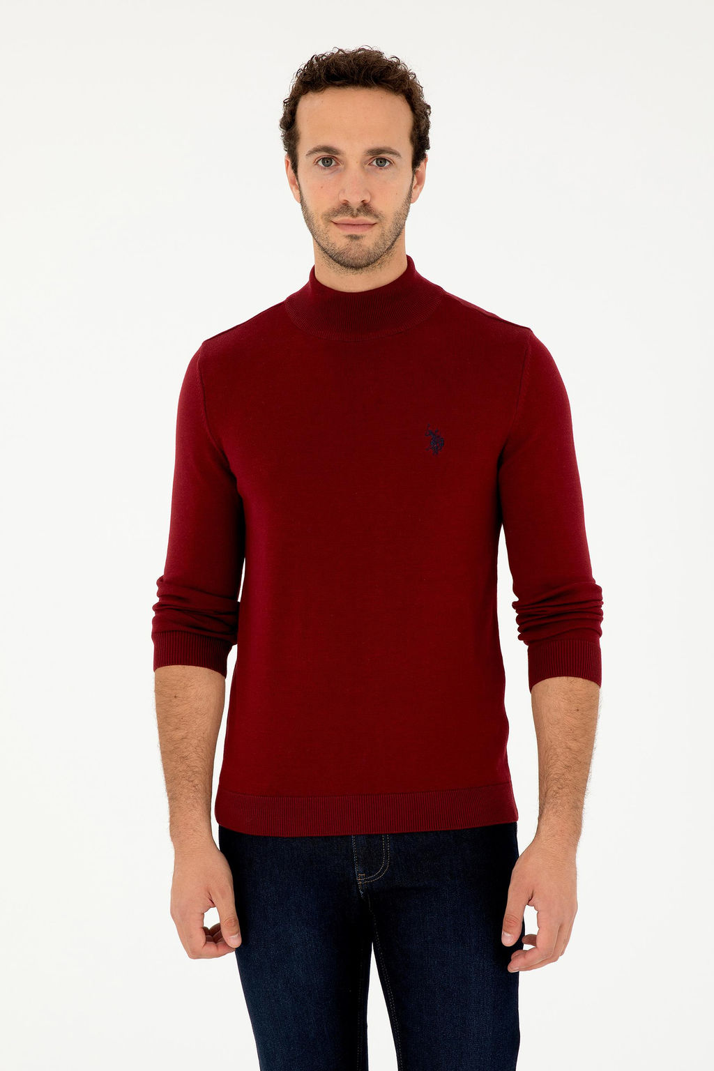 Erkek Slim Fit Yar_m Bo_azl_ Bordo Basic Kazak
