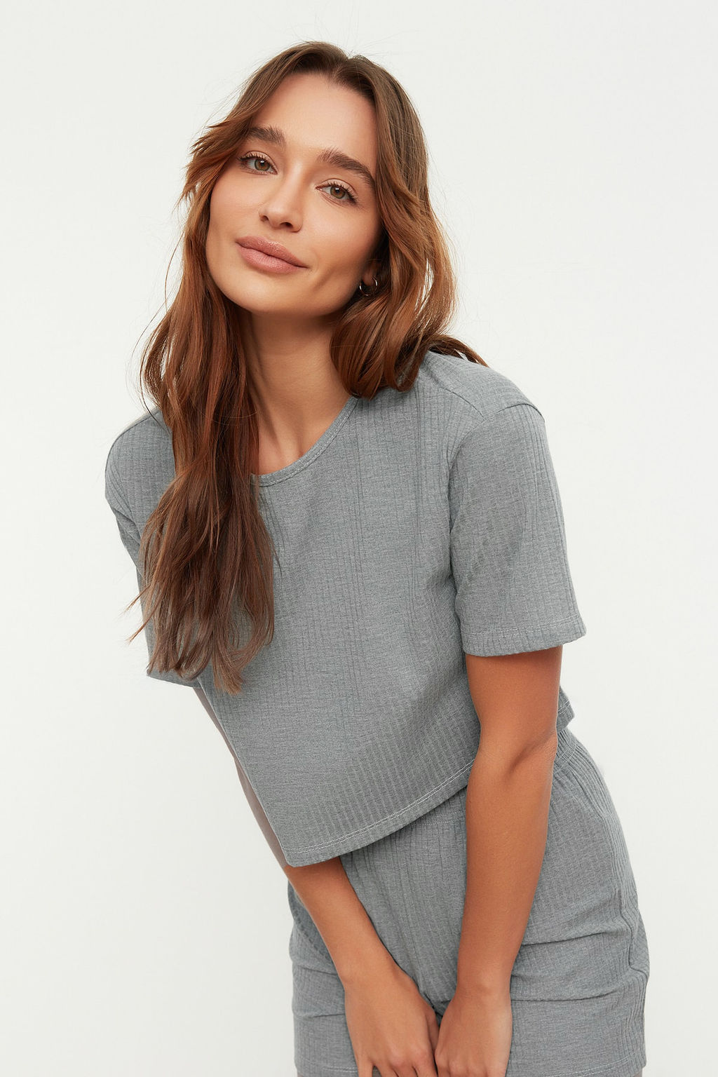 Trendyolmilla Gri Fitilli Sortlu Orme Pijama Tak?m? THMSS21PT1101 фото 11