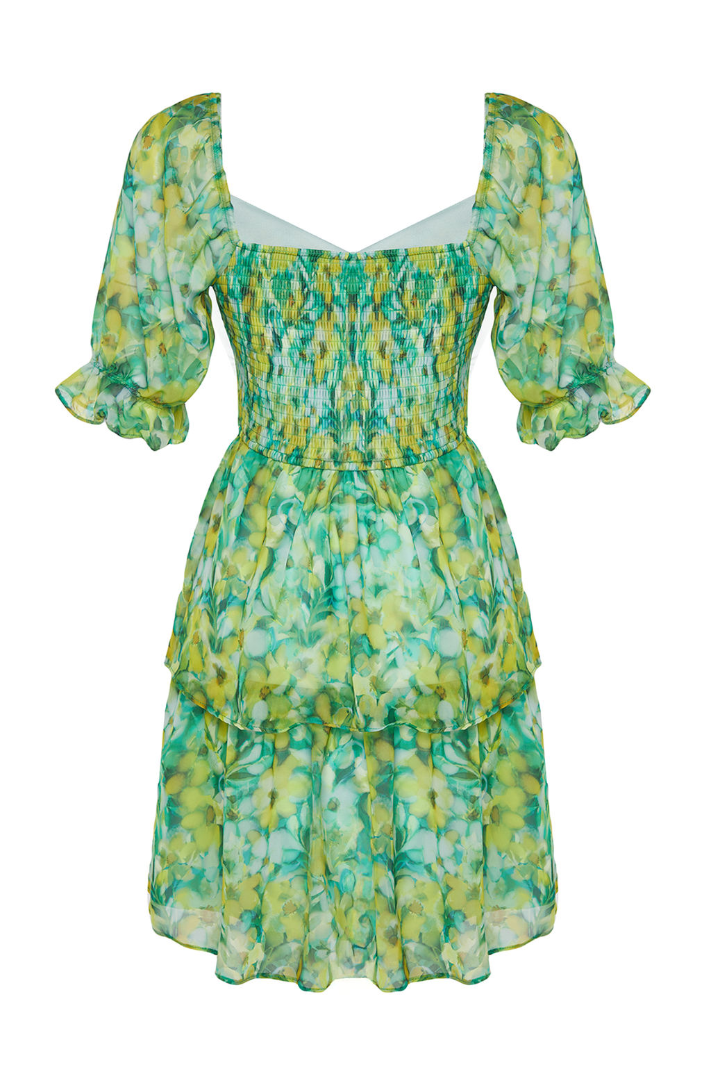 Yesil Cicekli Etegi Volanl? Skater/Belden Ac?lan Sifon Mini Astarl? Dokuma Elbise TWOSS22EL2772