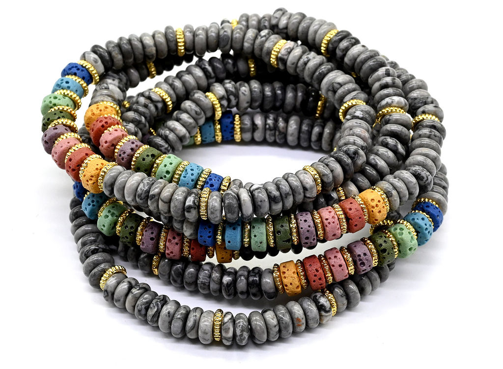 Браслет из яшмы мраморной диски 6*2мм со вставками из лавы, 16см