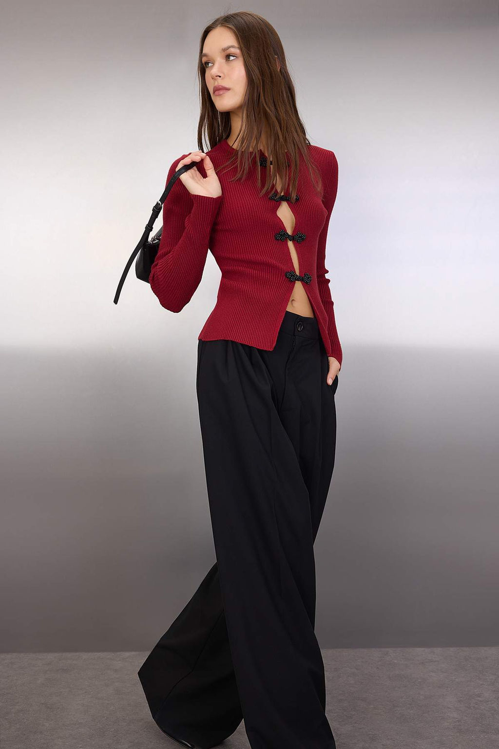 Bordo Premium/Ozel Iplikli Fitted/Vucuda Oturan Aksesuar Detayl? Triko H?rka TWOAW26HI00201