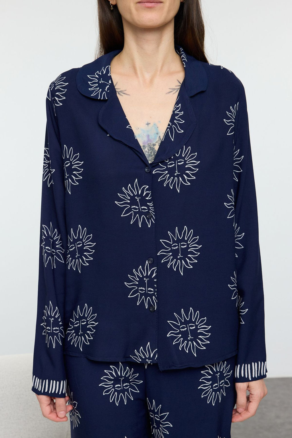 Trendyolmilla Lacivert Gunes Desenli Viskon Dokuma Pijama Tak?m? THMAW25PT00034  фото 9