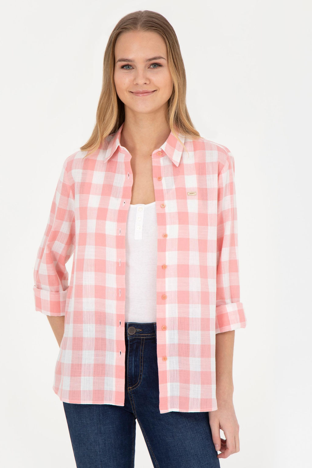 Женская рубашка лососевого цвета с длинным рукавом - U.s. polo assn фото 9