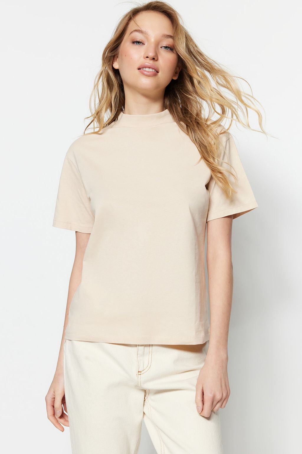 Kahverengi-Bej 2li Paket %100 Pamuk Basic Dik Yaka Orme T-Shirt TWOSS20TS1500