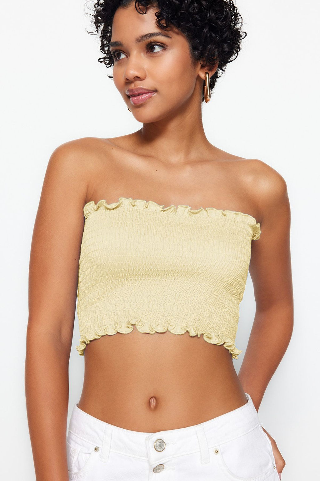 Ac?k Sar? Straplez Gipeli Fitted Esnek Orme Bluz TWOSS23BZ01011 - Trendyolmilla фото 2