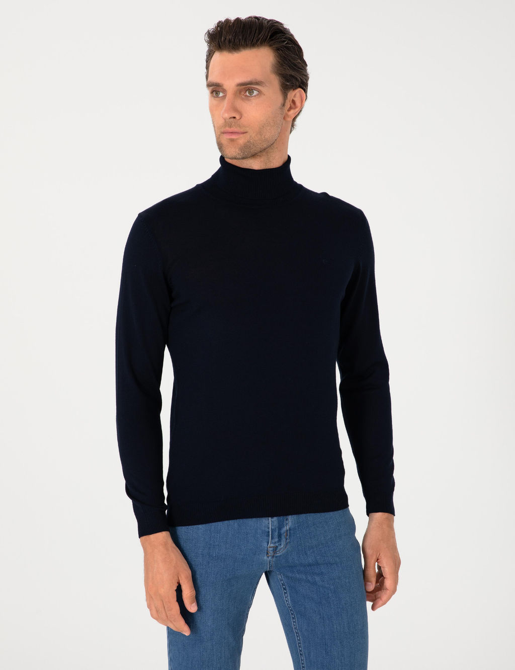 Lacivert Slim Fit Y_n Kar___ml_ Bal_k__ Yaka Basic Triko Kazak