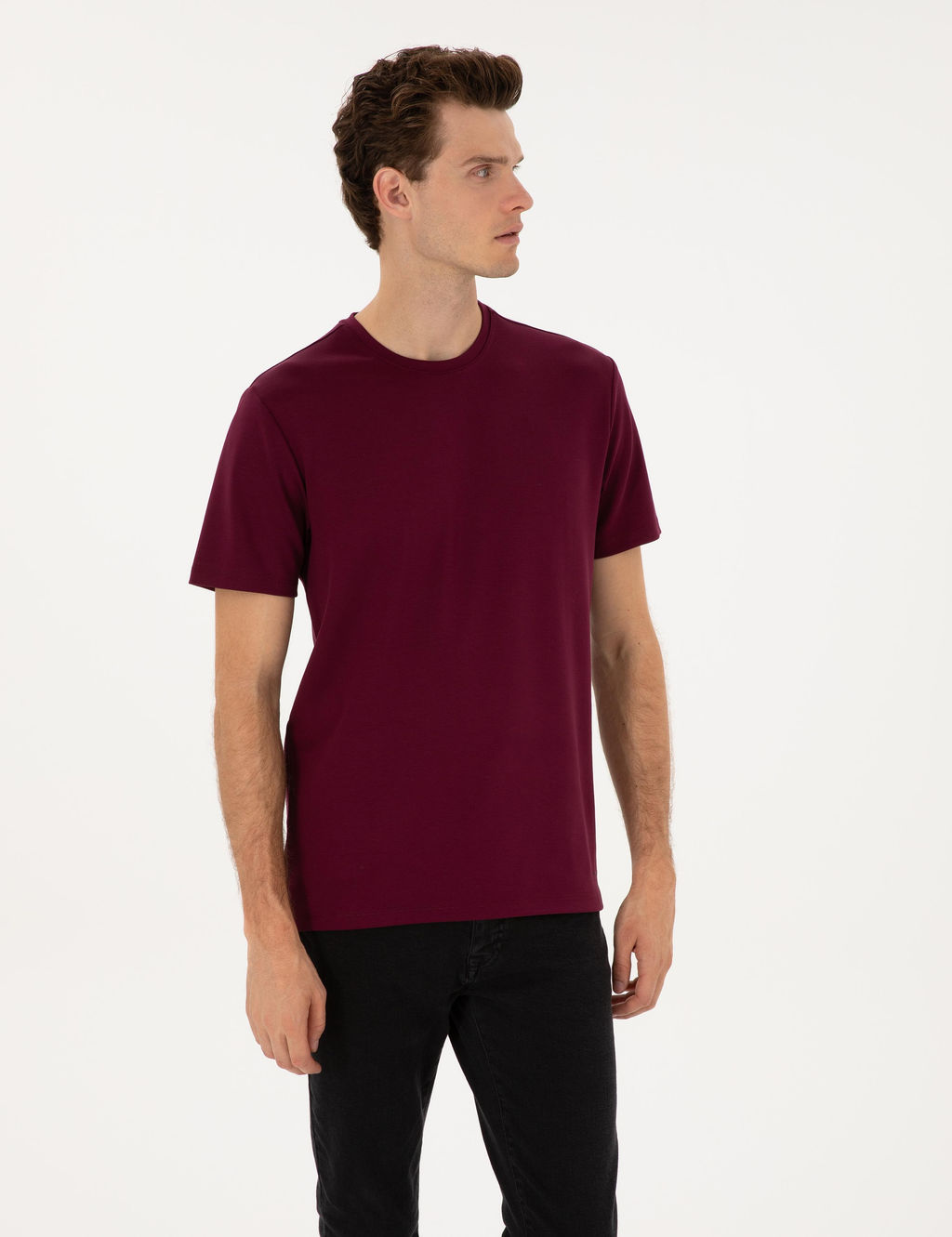 Bordo Regular Fit Kal_n Dokulu Bisiklet Yaka Basic Ti__rt