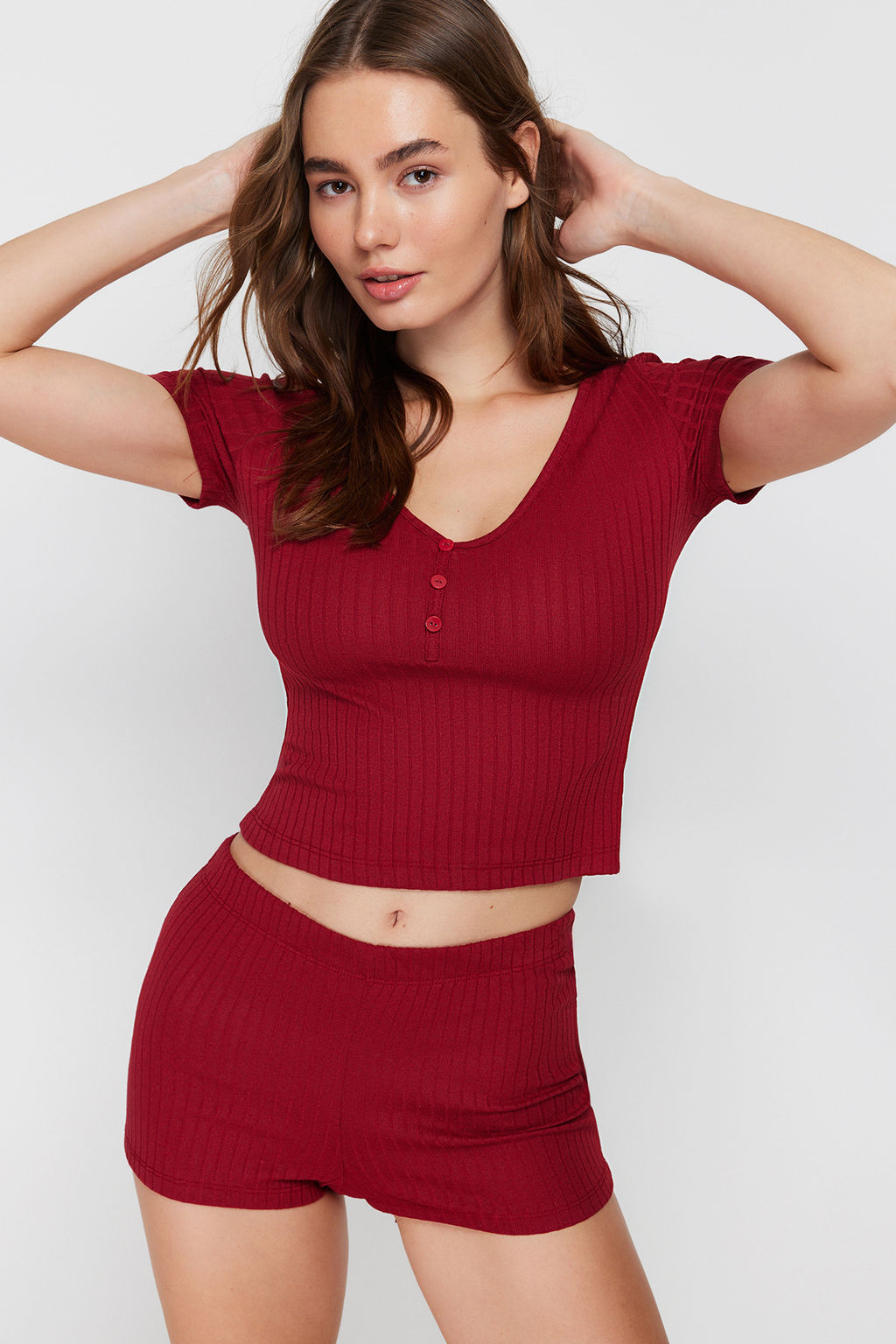 Trendyolmilla Bordo Dugme Detayl? Fitilli Sortlu Orme Pijama Tak?m? THMSS24PT00097 фото 12