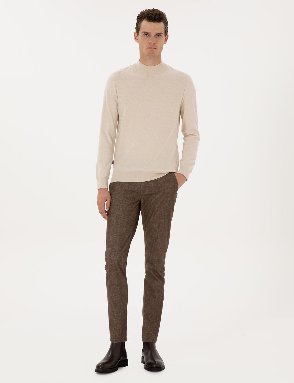 Krem Slim Fit Yar_m Bal_k__ Yaka Triko Kazak - Pierre cardin фото 4