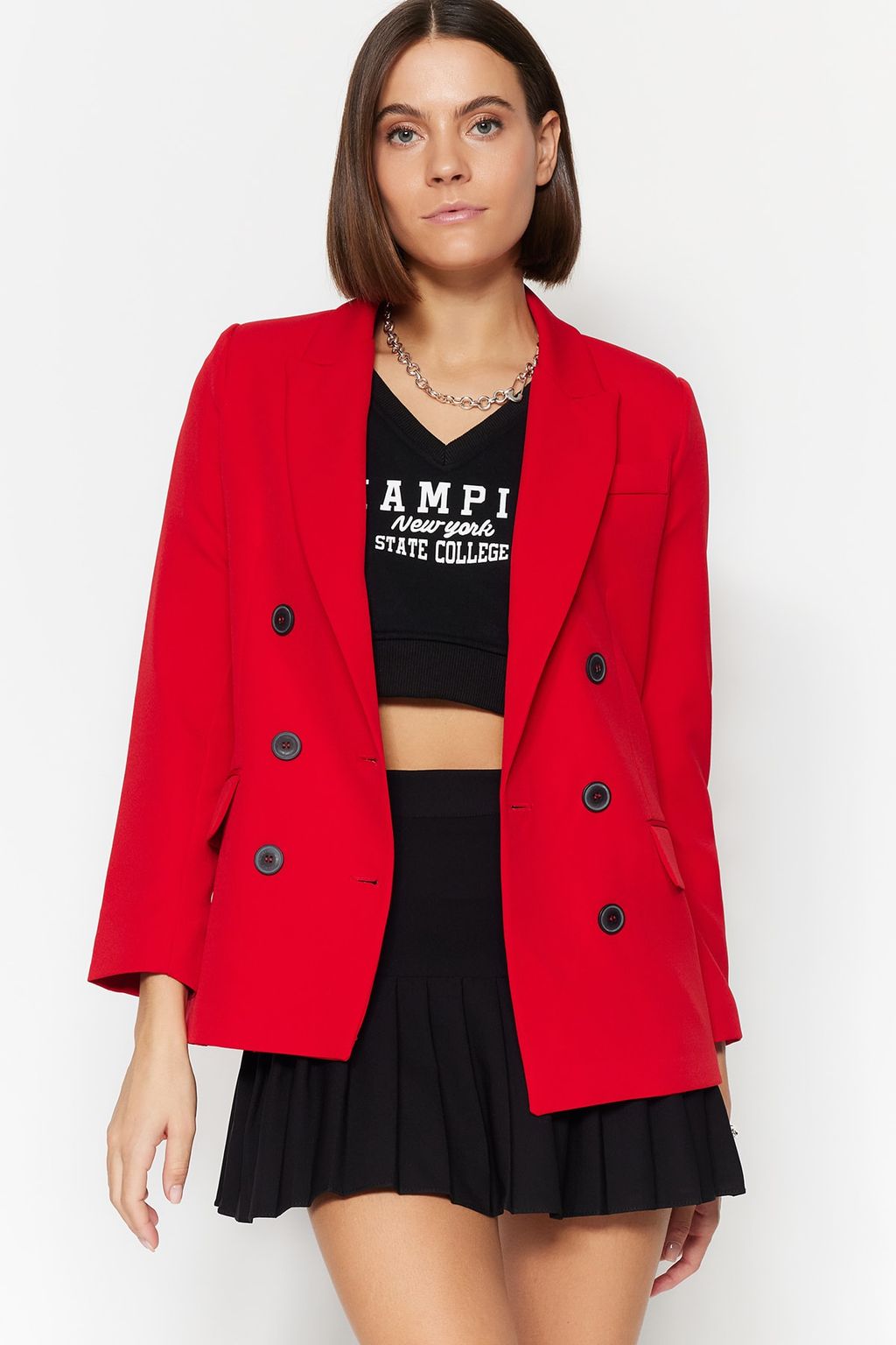 TRENDYOLMILLA K?rm?z? Dokuma Astarl? Kruvaze Kapama Blazer Ceket TWOAW23BC00019  фото 3
