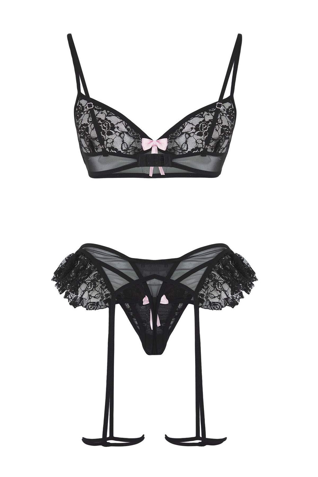 Siyah Kurdele Detayl? Bacak Bantl? F?rf?rl? Kaps?z Dantel Fantezi Ic Camas?r? Tak?m? THMAW26BD00004