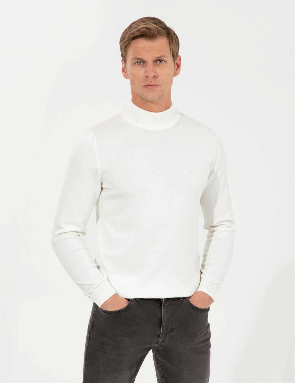 Ekru Slim Fit Yar_m Bal_k__ Yaka Basic Triko Kazak - Pierre cardin фото 3