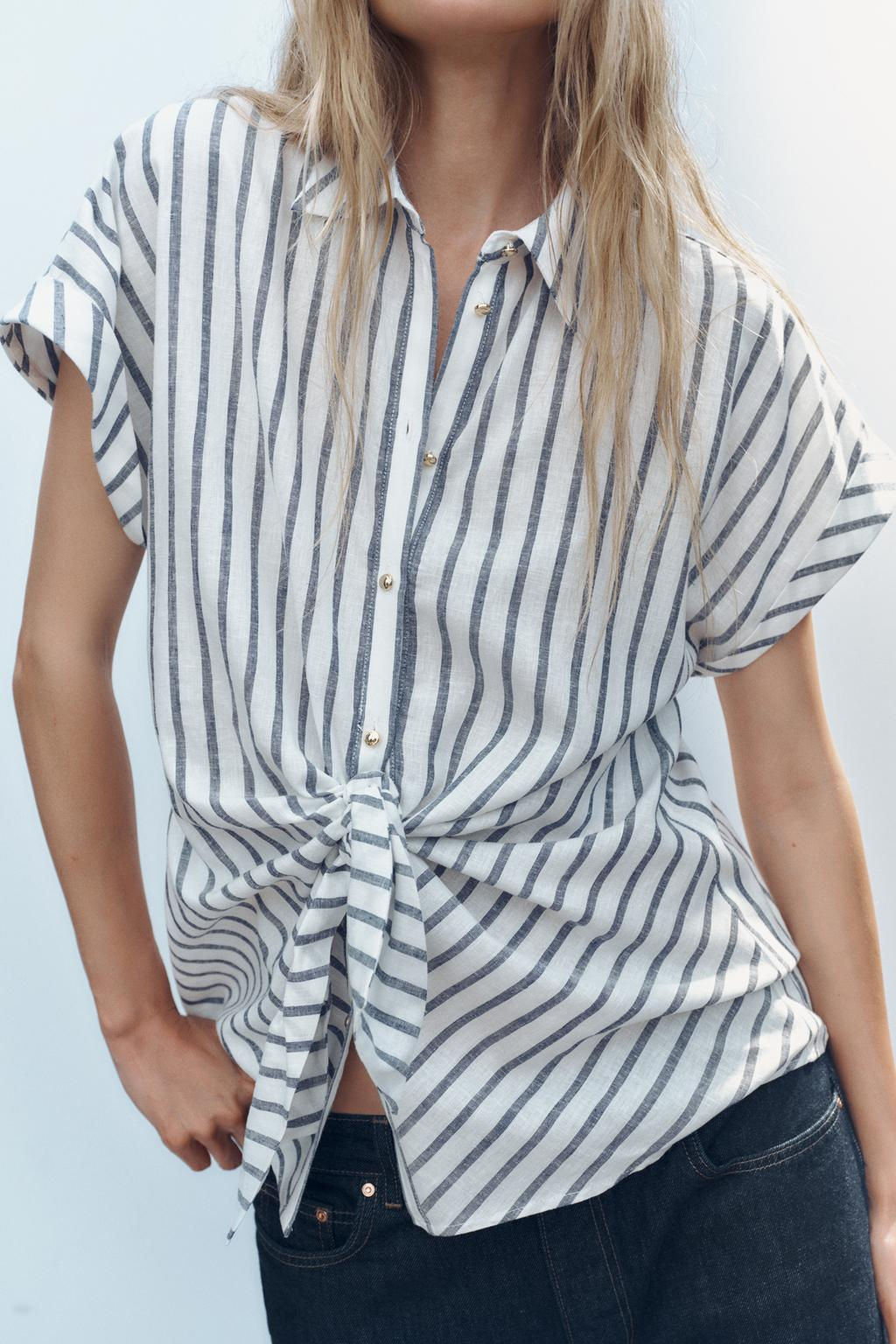 STRIPED KNOTTED LINEN BLEND SHIRT - Zara фото 2