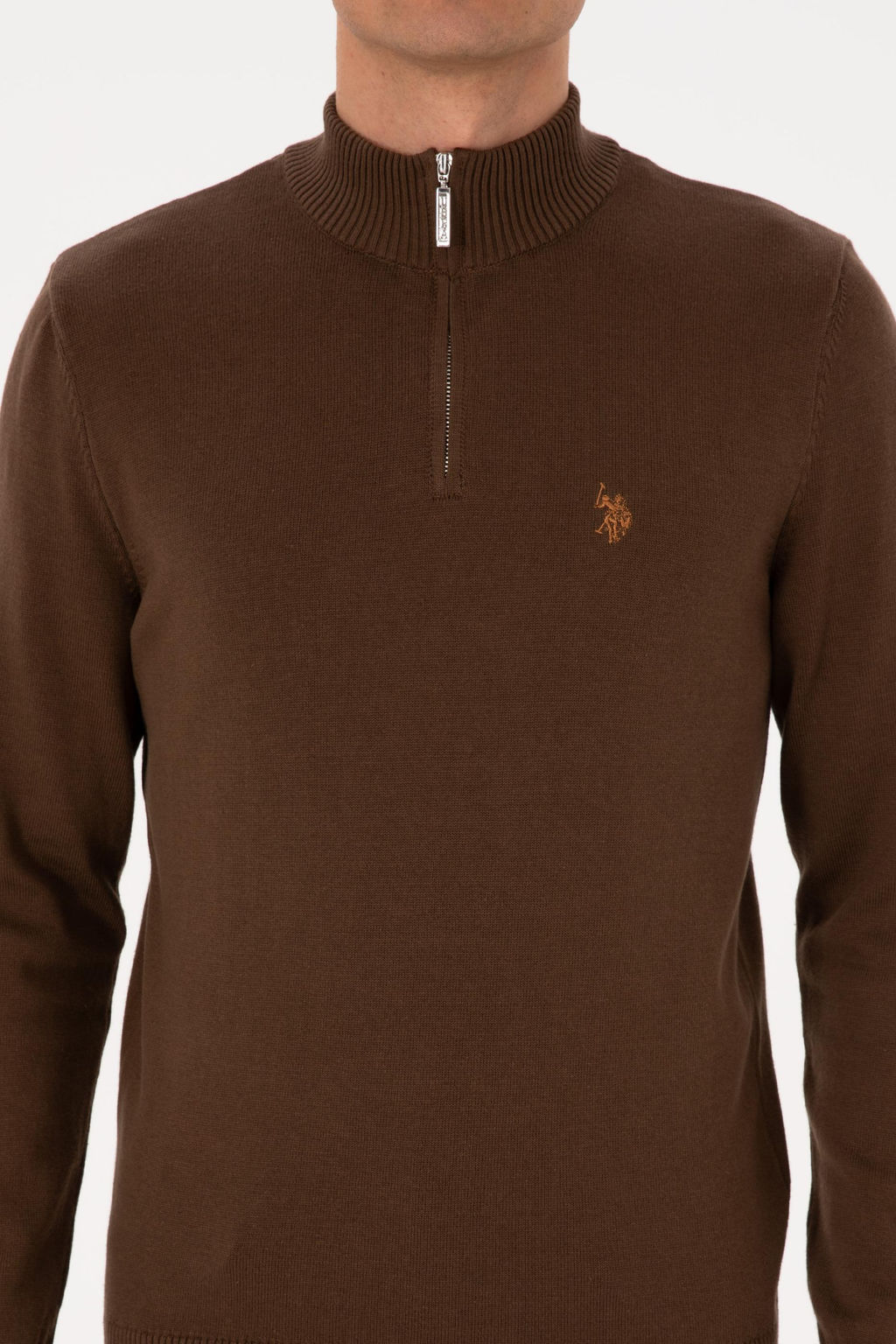 Erkek Slim Fit Yar_m Fermuarl_ Kahverengi Basic Kazak - U.s. polo assn фото 6