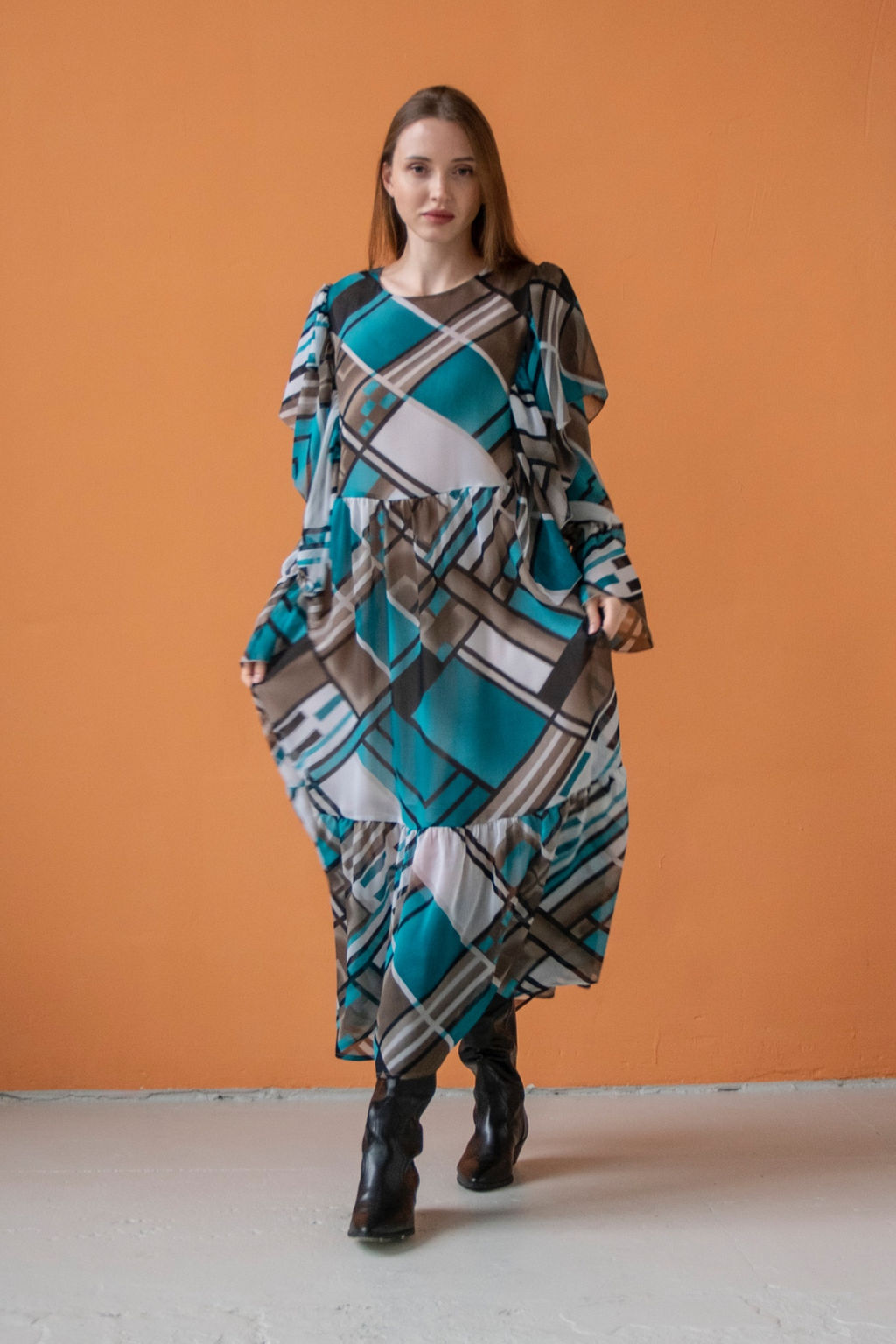 Платье шифон LOVE052/03/Бирюзовый, белый