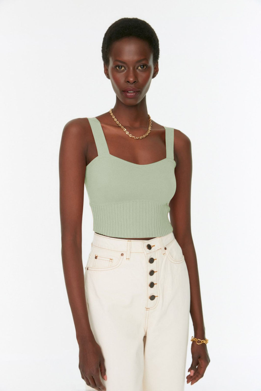 Trendyolmilla Mint Kalp Yaka Crop Triko Ince Bluz TWOSS22BZ1105