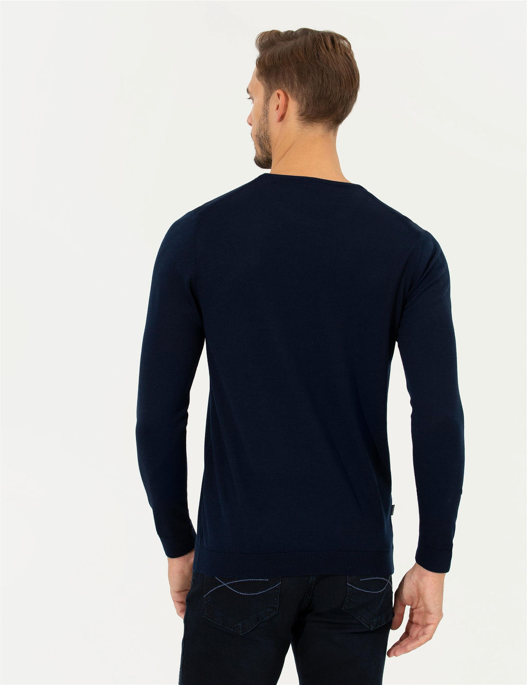 Lacivert Regular Fit Bisiklet Yaka Y_n Kar___ml_ Triko Kazak