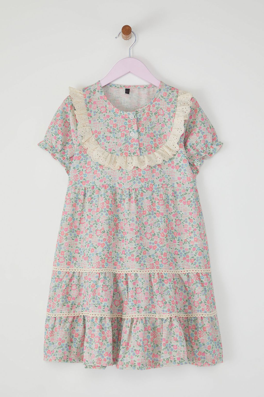 Cok Renkli K?z Cocuk Pamuklu Cicekli Brodeli K?sa Kol Mini Bayraml?k Dokuma Elbise TKDSS25EL00024 - Trendyolmilla фото 3