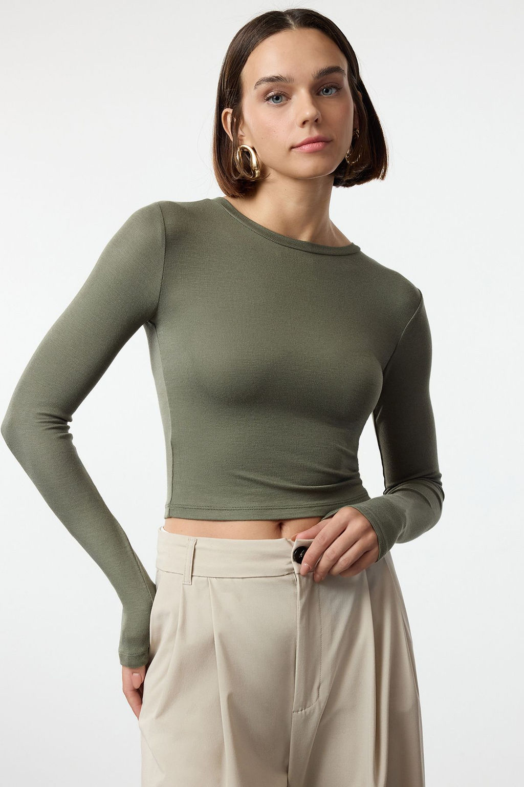 Haki Premium Viskon Bisiklet Yaka Crop Esnek Orme Bluz TWOAW24BZ00116