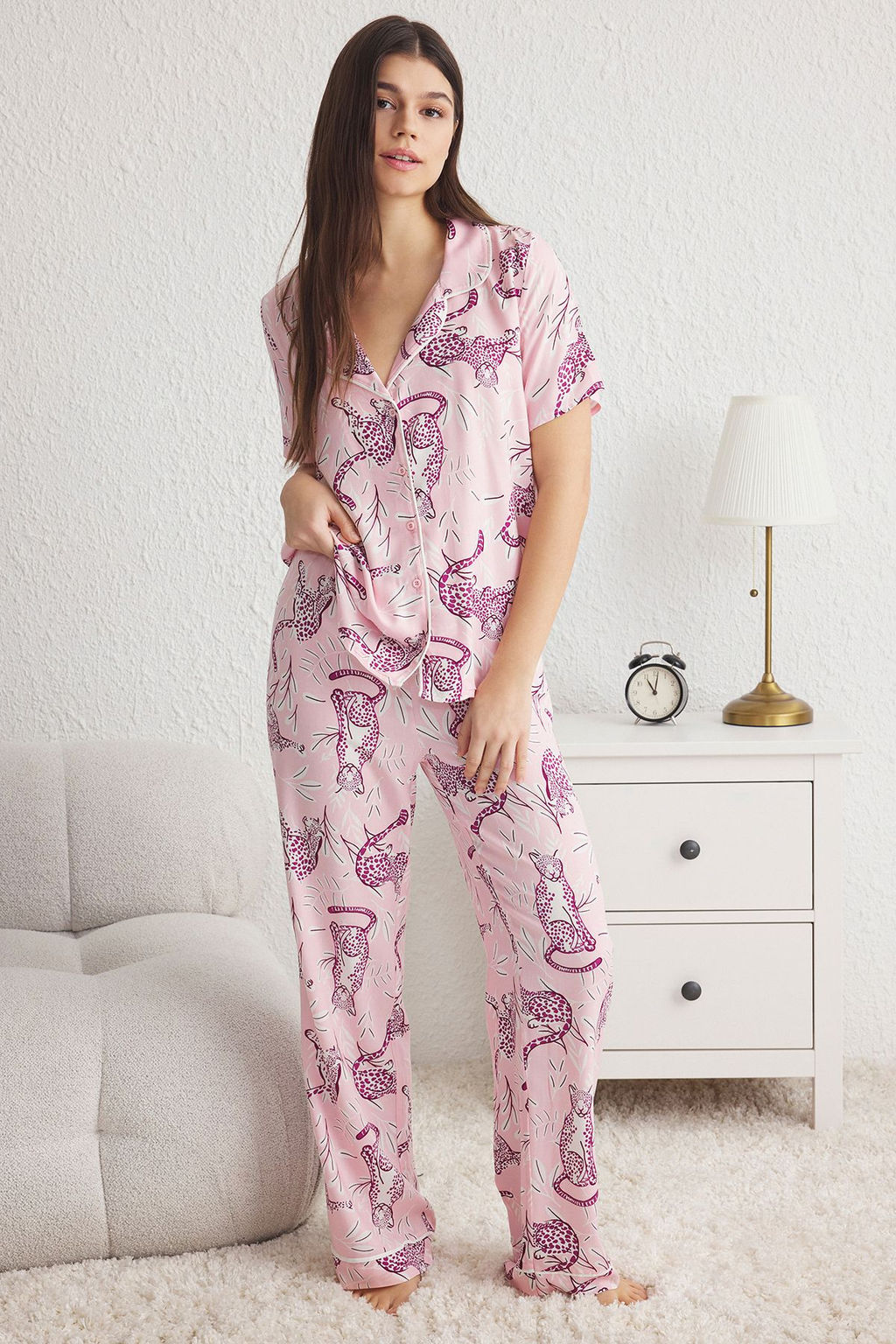 Trendyolmilla Pembe Hayvan Desenli Biyeli Viskon Dokuma Pijama Tak?m? THMSS25PT00022  фото 7