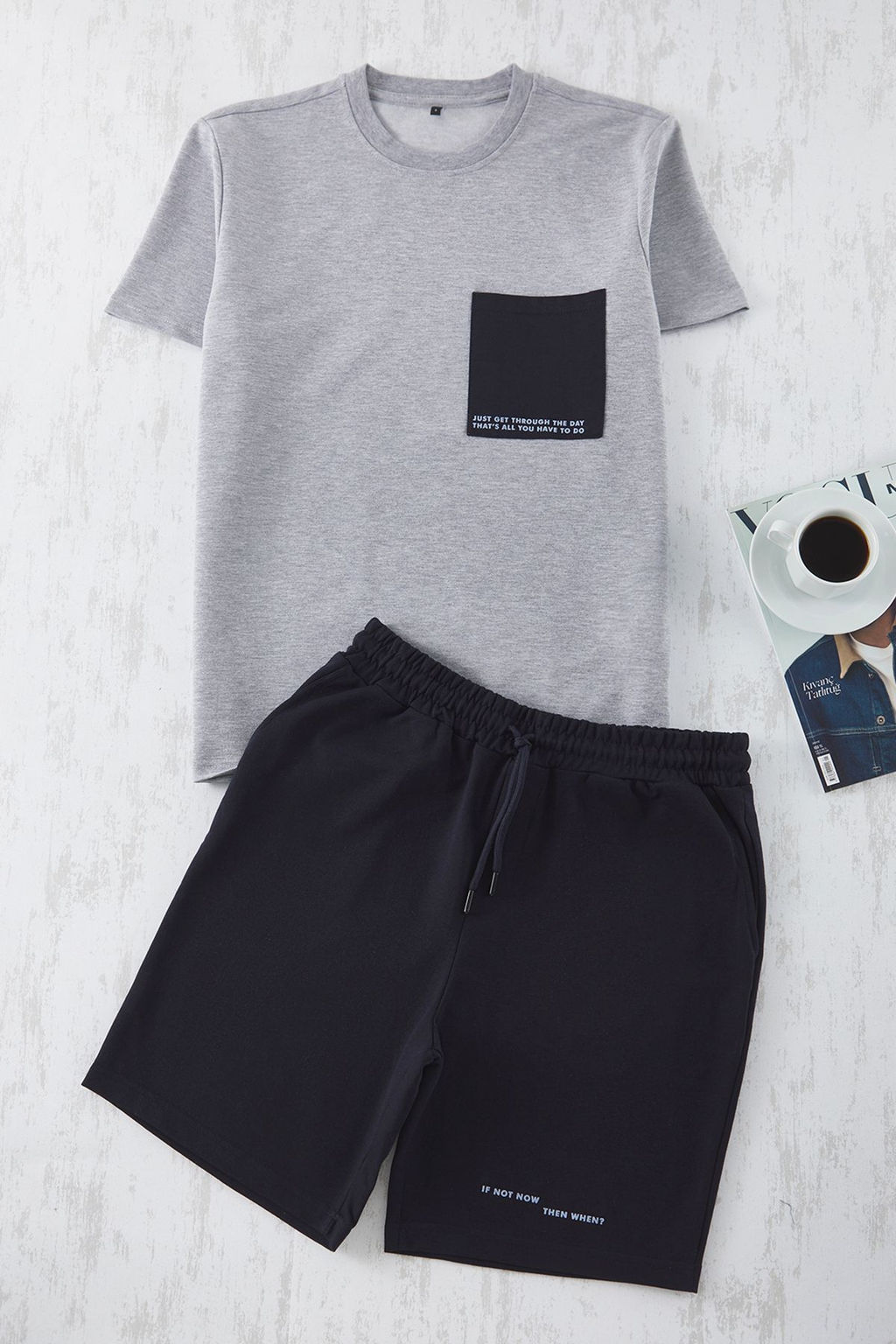 TRENDYOL MAN Siyah Tas Regular Fit Bask?l? Orme Sortlu Pijama Tak?m? TMNSS25PT00009 - Trendyolmilla фото 5