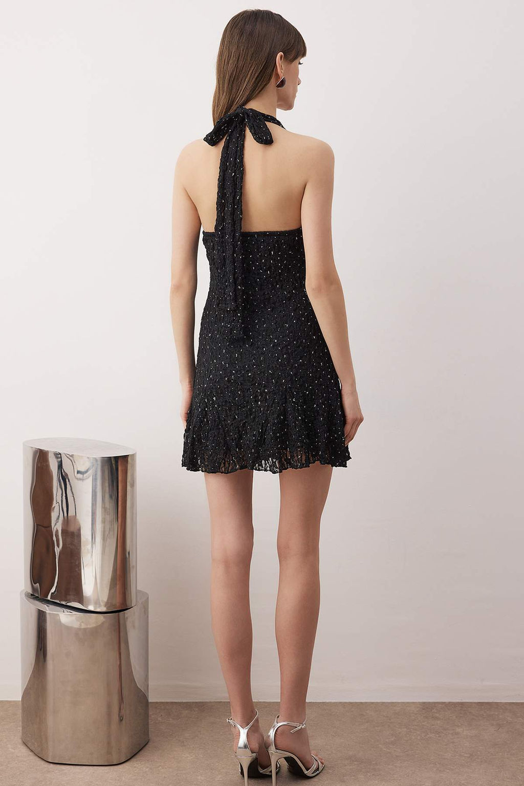 Siyah Duz Tas Bask?l? Tul K?sa / Mini Astarl? Elbise TPRAW26EL00095 - Trendyolmilla фото 4