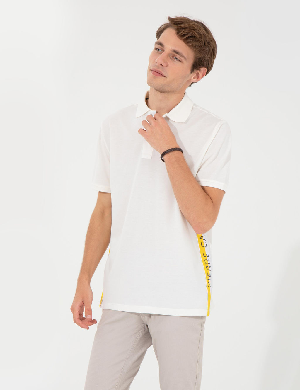 Ecru Regular Fit Yandan _izgili Polo Yaka Ti__rt