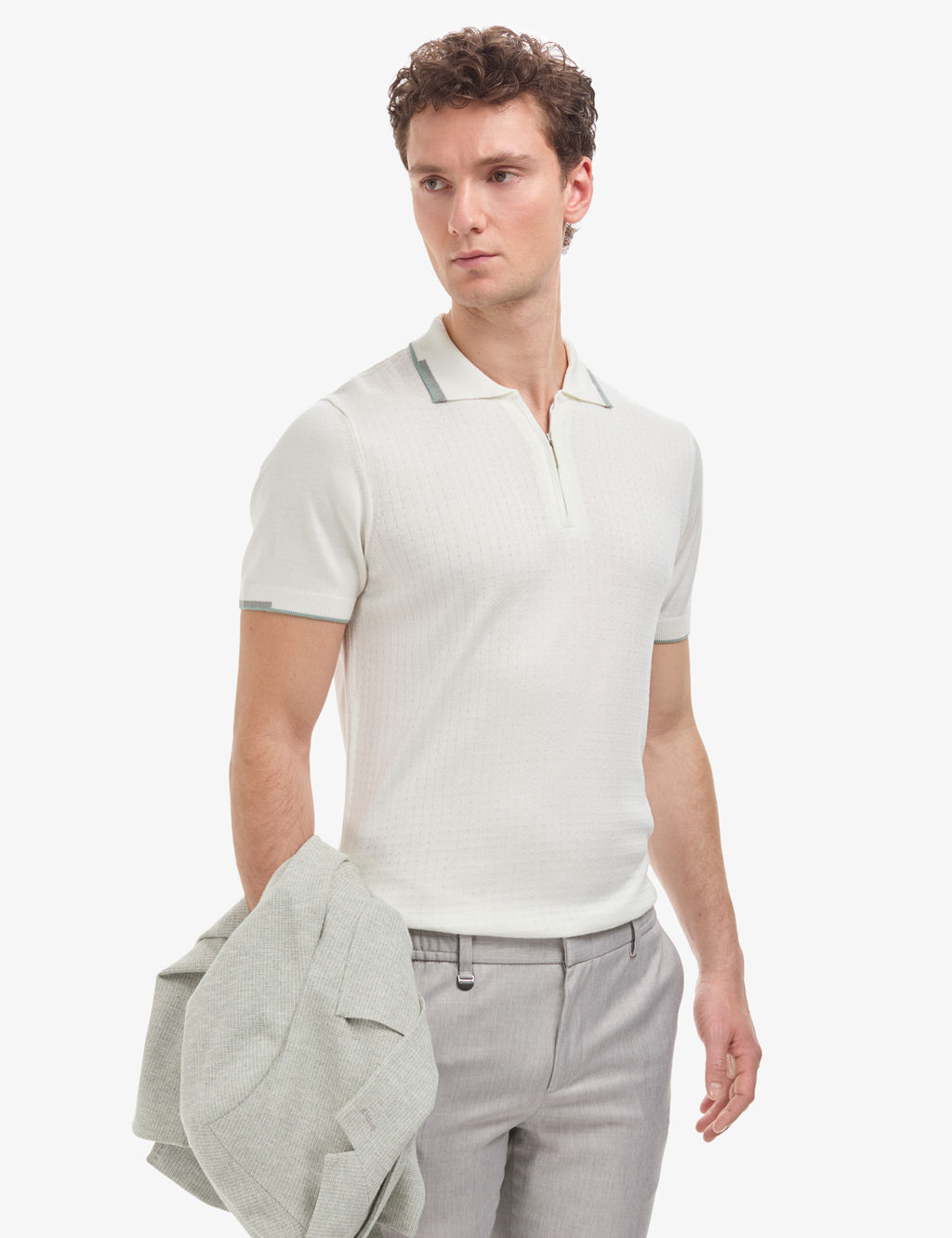 Ekru Slim Fit Polo Yaka Fermuarl_ Triko Ti__rt