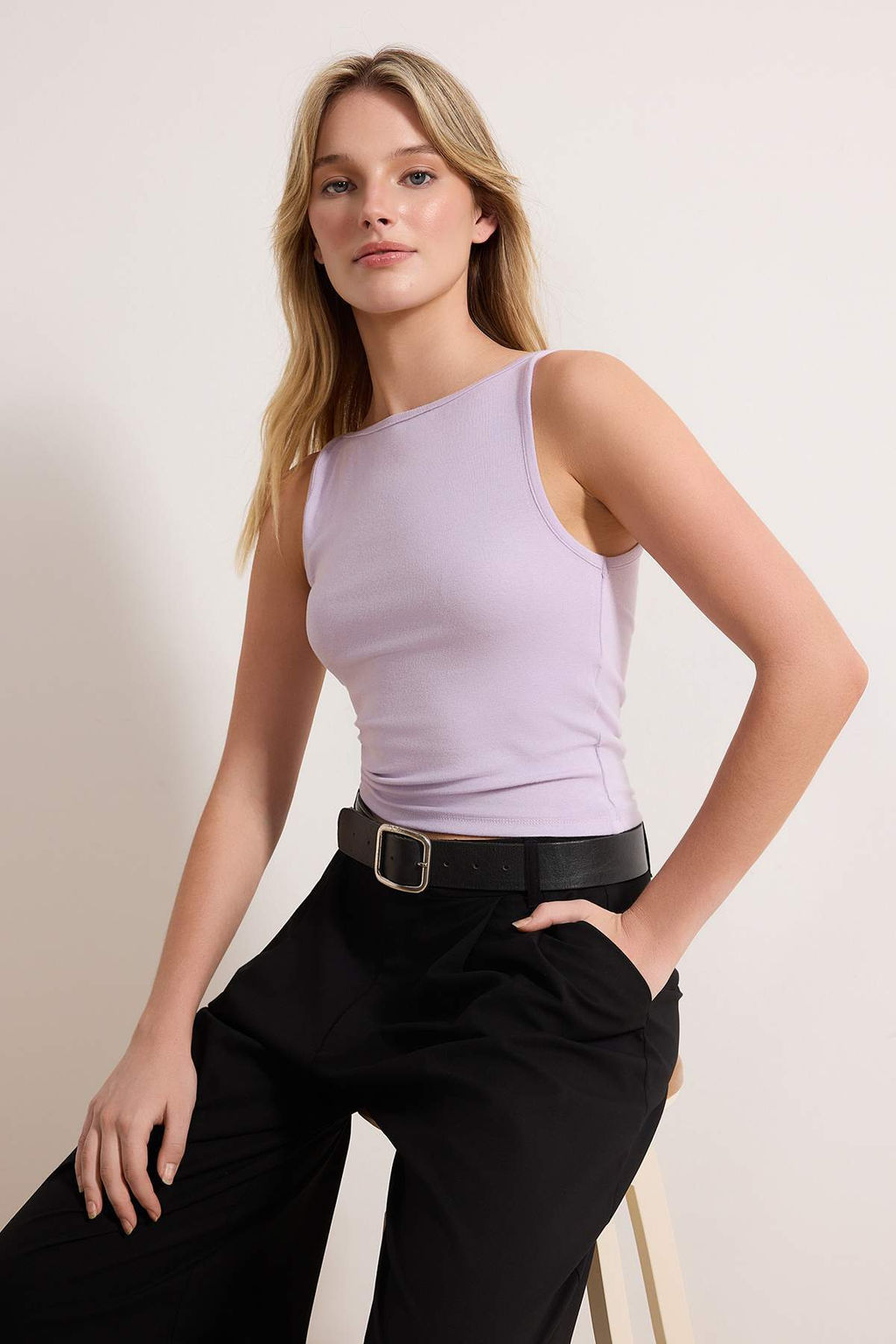 Lila Ask?l? Fitted/Vucuda Oturan Esnek Orme Bluz TWOSS24BZ00535