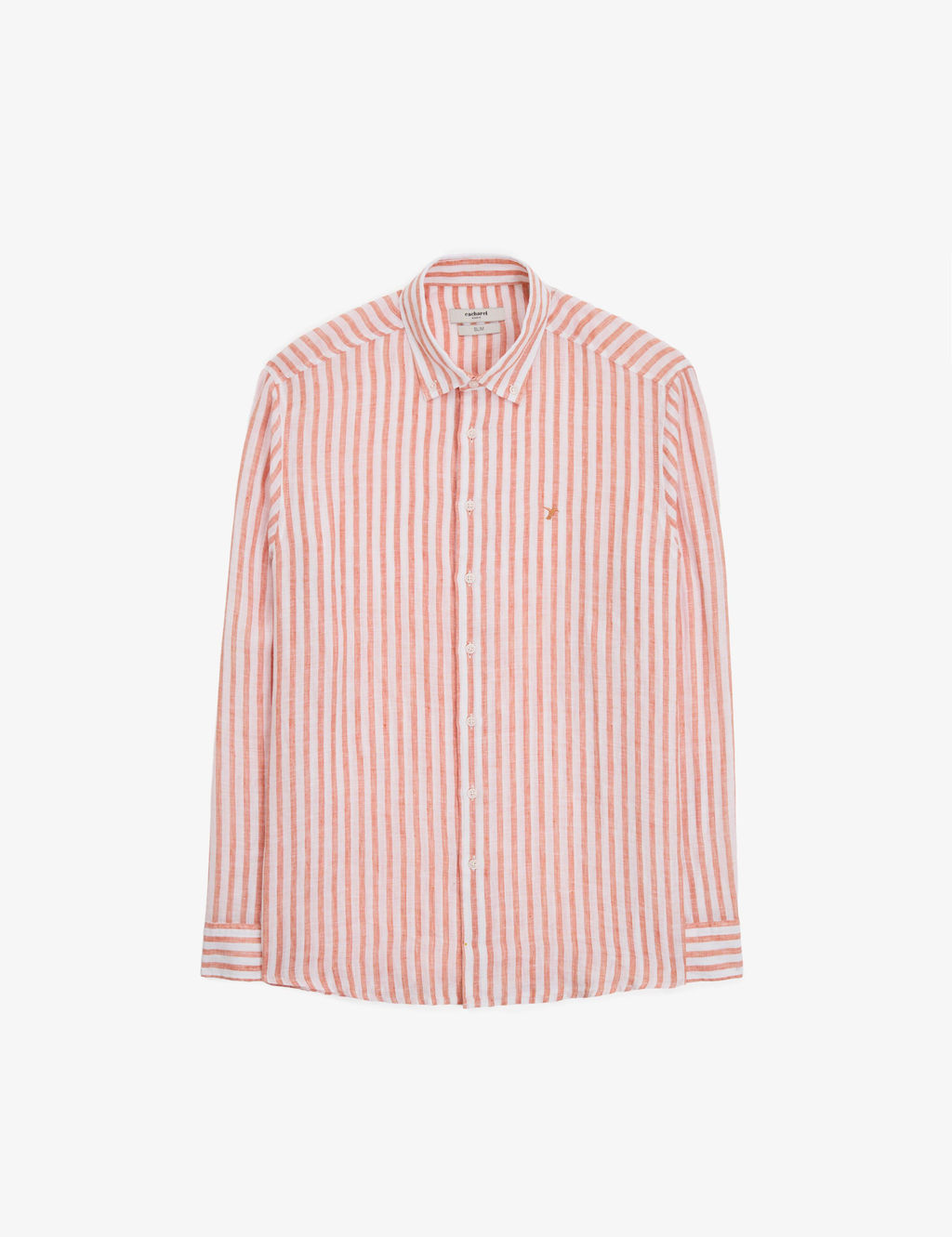 Turuncu Slim Fit %100 Keten Yakas_ D__meli _izgili G_mlek