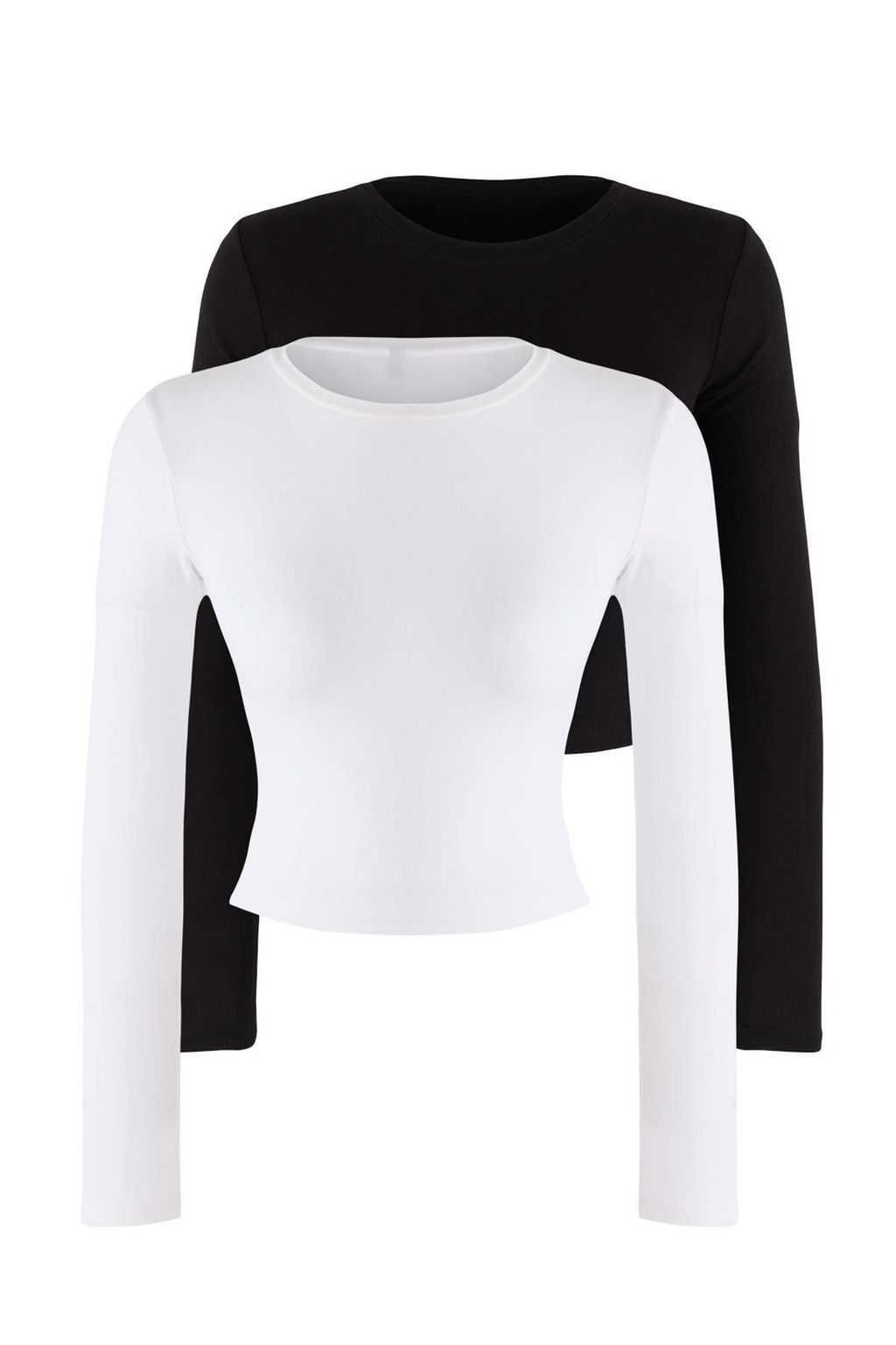 Trendyolmilla Siyah-Ekru Ikili Paket Crop/K?sa Fitted/Vucuda Oturan Orme Bluz TWOAW25BZ00061 фото 13