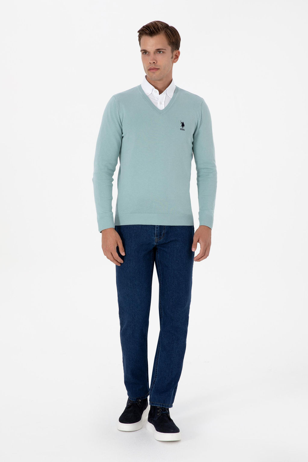 Erkek Slim Fit V Yaka Mint Basic Kazak