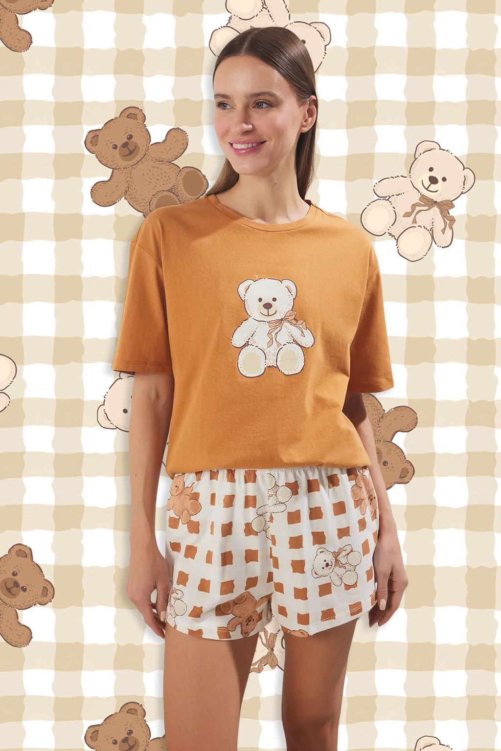 Trendyolmilla Ekru %100 Pamuklu Ay?c?kl? ve Kurdele/Fiyonk Bask?l? Sortlu Orme Pijama Tak?m? THMSS25PT00063  фото 7