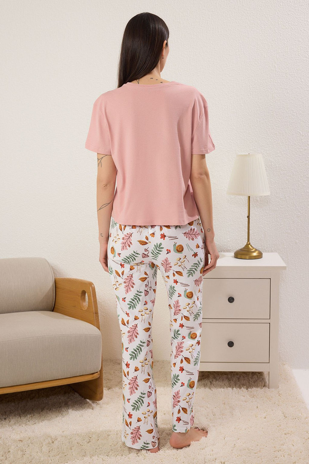 Trendyolmilla Pudra 100% Pamuklu Tropikal Desenli Orme Pijama Tak?m? THMSS25PT00399  фото 4