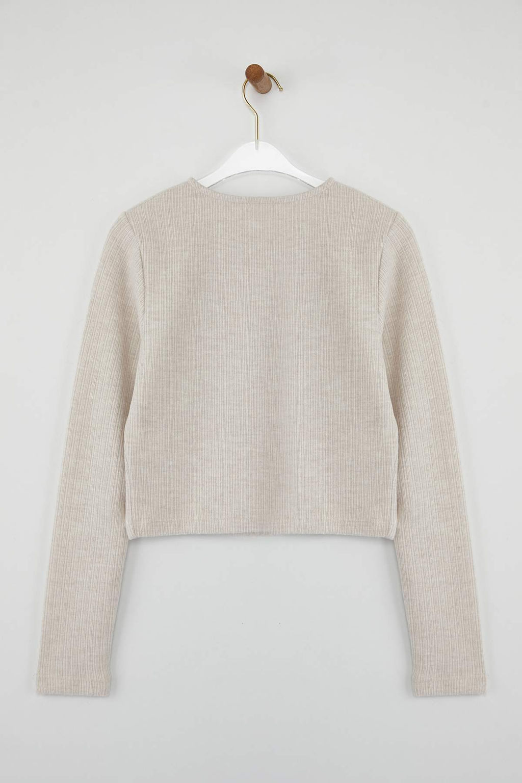 Bej Fitted/Vucuda Oturan Crop Dugme Detayl? F?rcal? Pointel Esnek Orme Bluz TWOAW26BZ00113