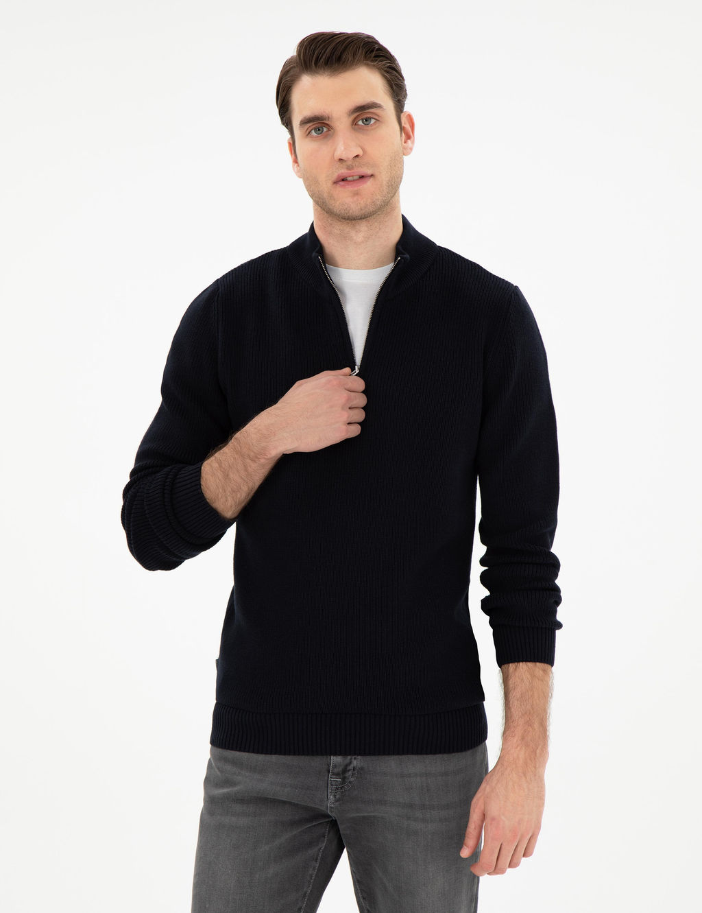 Lacivert Slim Fit Fermuarl_ Dik Yaka Kazak