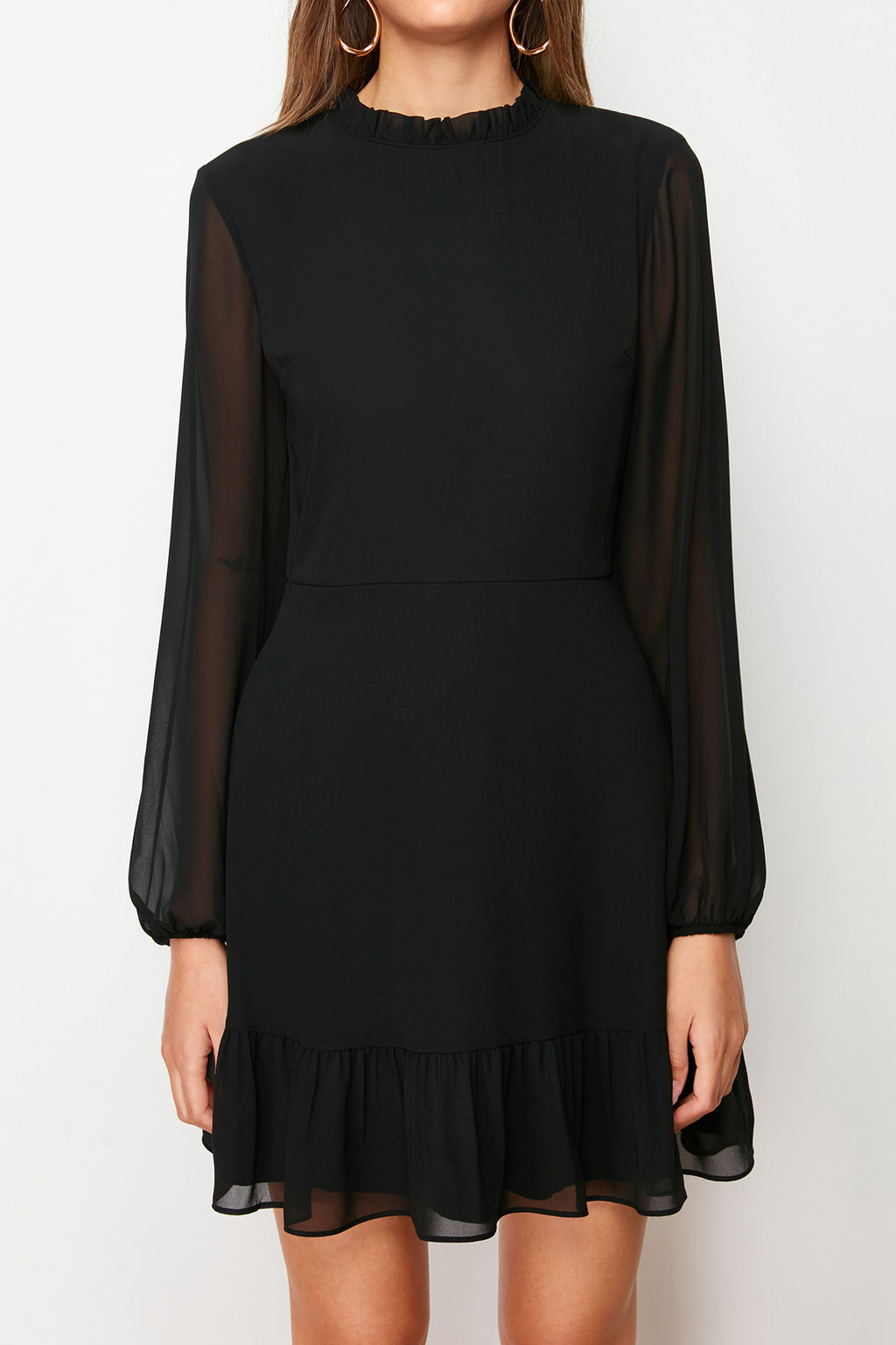 TRENDYOLMILLA Siyah A Kesim F?rf?r Detayl? Dik Yaka Mini Astarl? Sifon Dokuma K?sl?k Elbise TWOAW24EL00722  фото 26