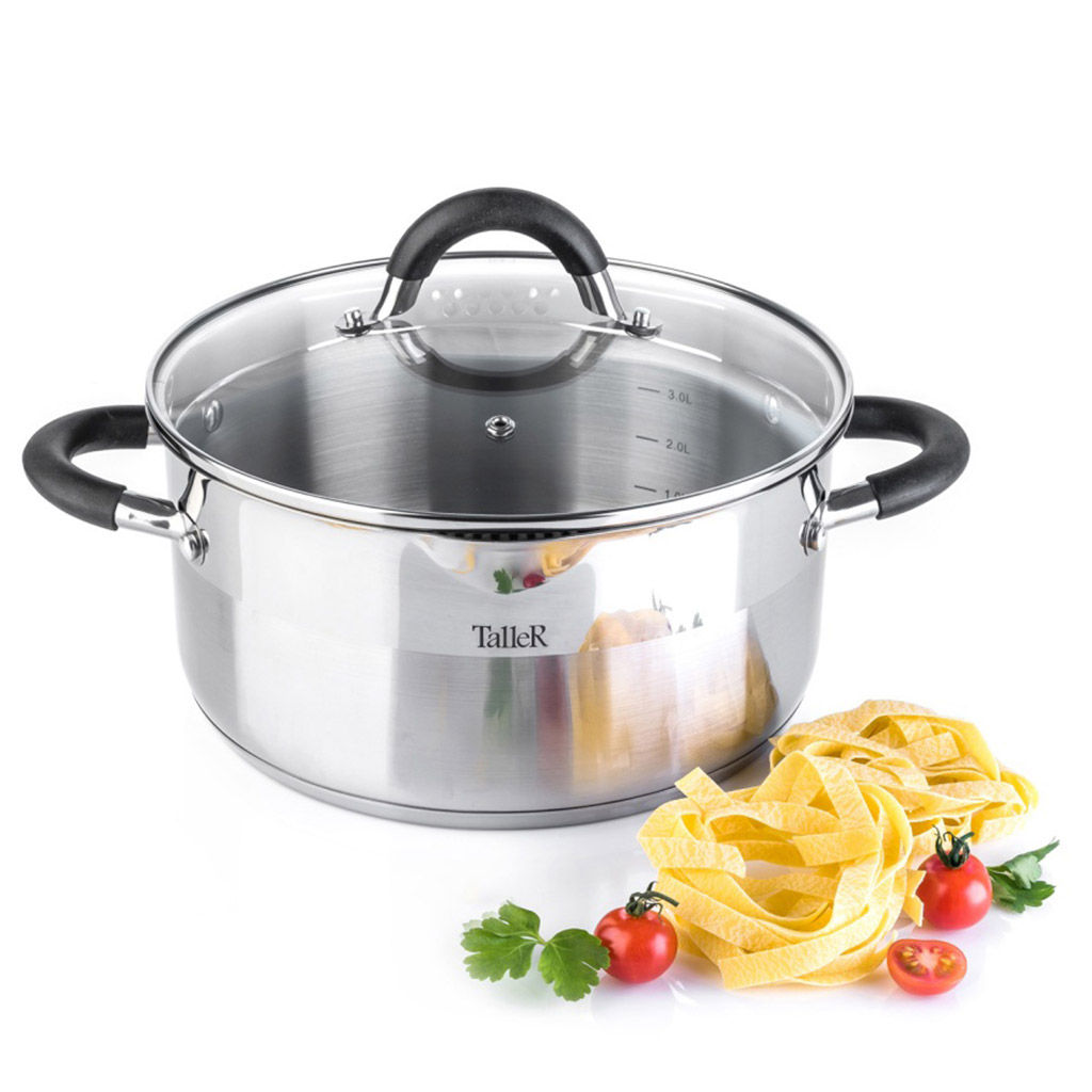 Кастрюля из нержавеющей стали Телфорд 3,1л, д20см, h10см, s0,6мм, дно s2,8мм, стеклянная жаропрочная крышка, широкий металлический ободок с отверстиями для слива жидкости, пароотвод, ручки из нержавеющей стали с силиконовыми вставками, капсулирован - Домашняя мода фото 6