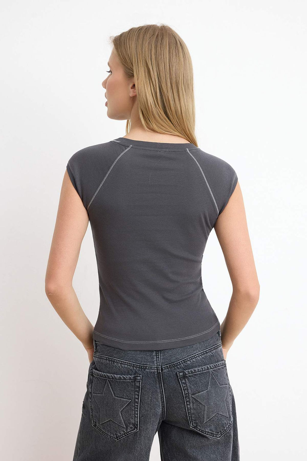 Antrasit Fitted/Vucuda Oturan Reglan Kol K?sa Kollu Ribana/Kaskorse Orme Bluz TWOSS26BZ00618