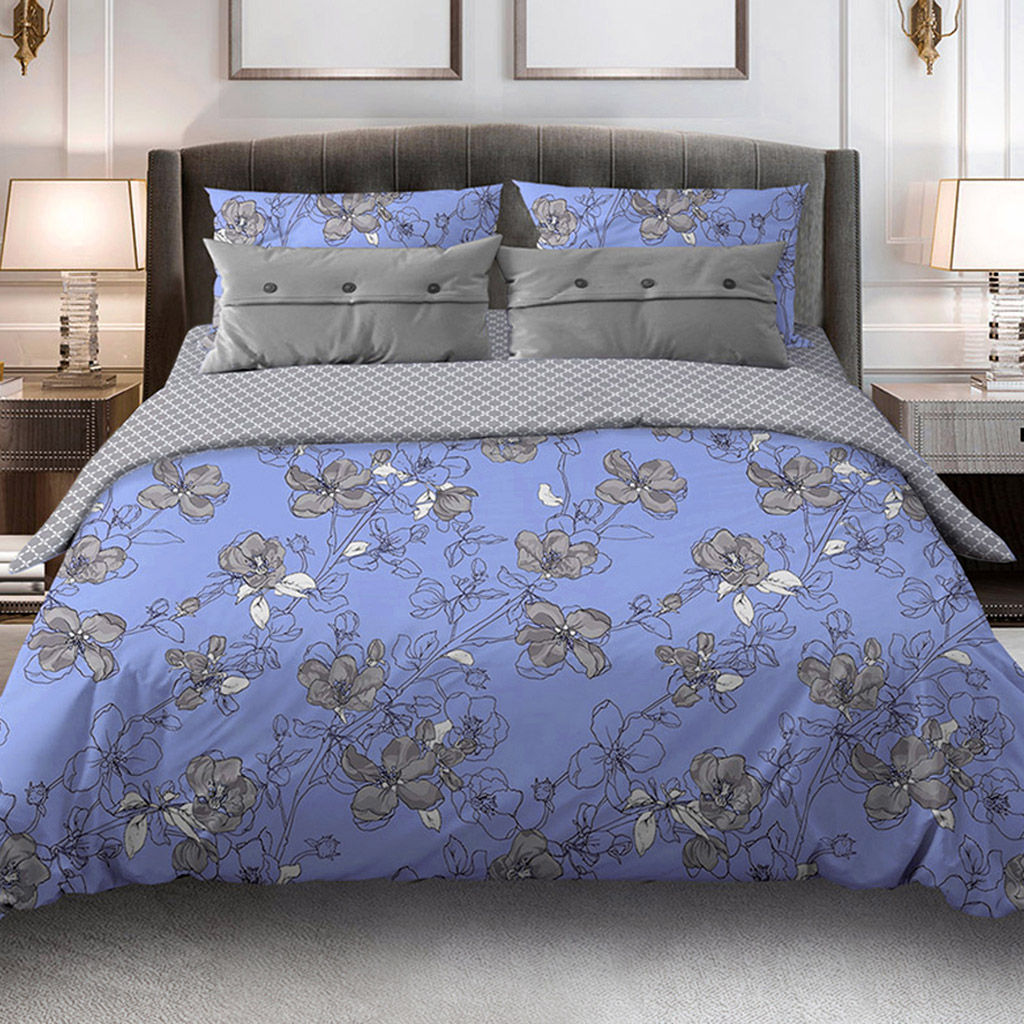 Постельное белье, комплект 1,5 спальный "Цветы сакуры лавандовый/серый", 4 предмета: пододеяльник на пуговицах 145х215см, простыня классическая 150х220см, 2 наволочки 70х70см с клапаном-запахом, бязь "Комфорт" 121г/м2, хлопок 100%, упаковка "классиче