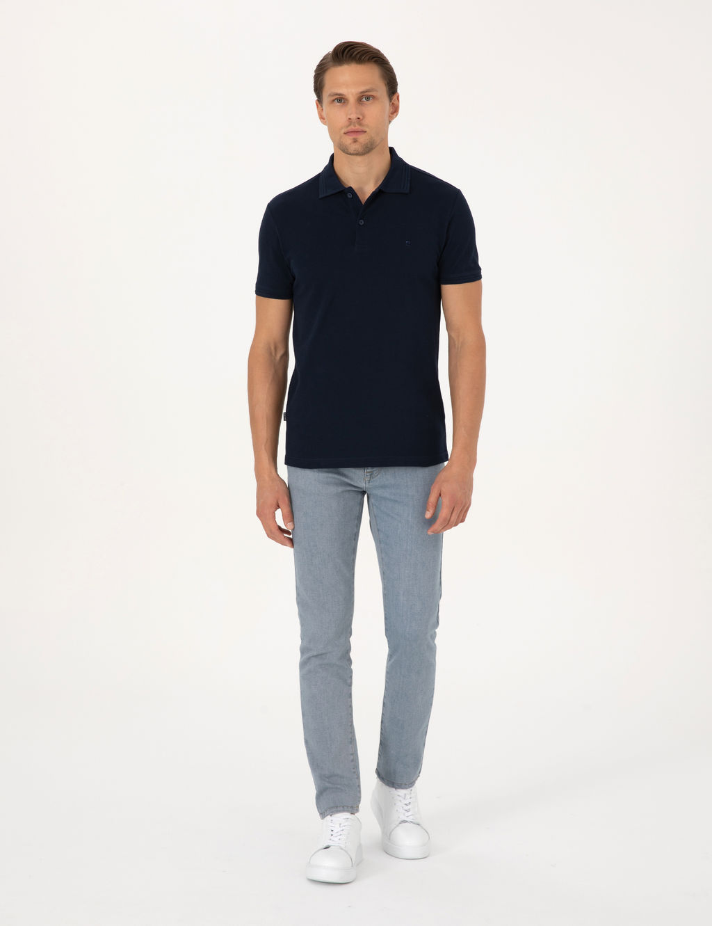 Lacivert Slim Fit %100 Pamuk K_vr_lmaz D__meli Polo Yaka Basic Ti__rt