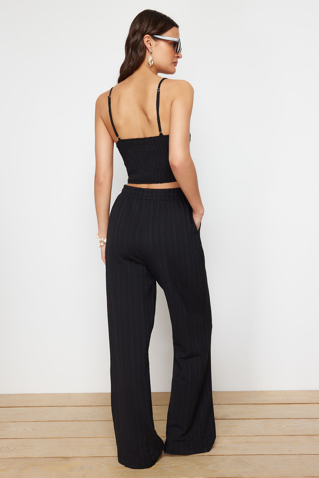 Siyah Dokuma Dokulu Bluz Pantolon Plaj Tak?m TBESS24AU00076