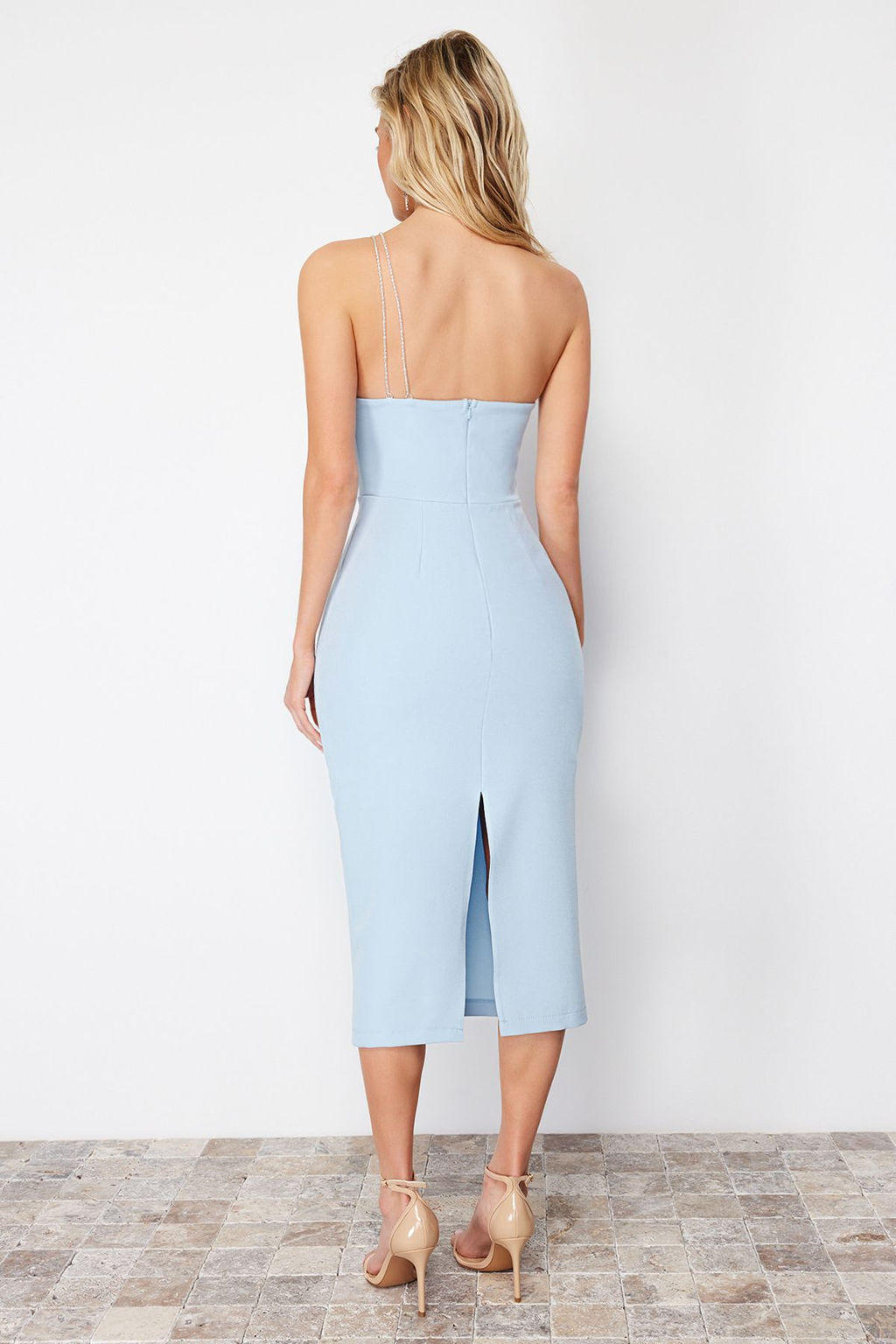 Ac?k Mavi Vucuda Oturan Dokuma Parlak Tasl? Dokuma S?k Abiye Elbise TPRSS24EL00042 - Trendyolmilla фото 6