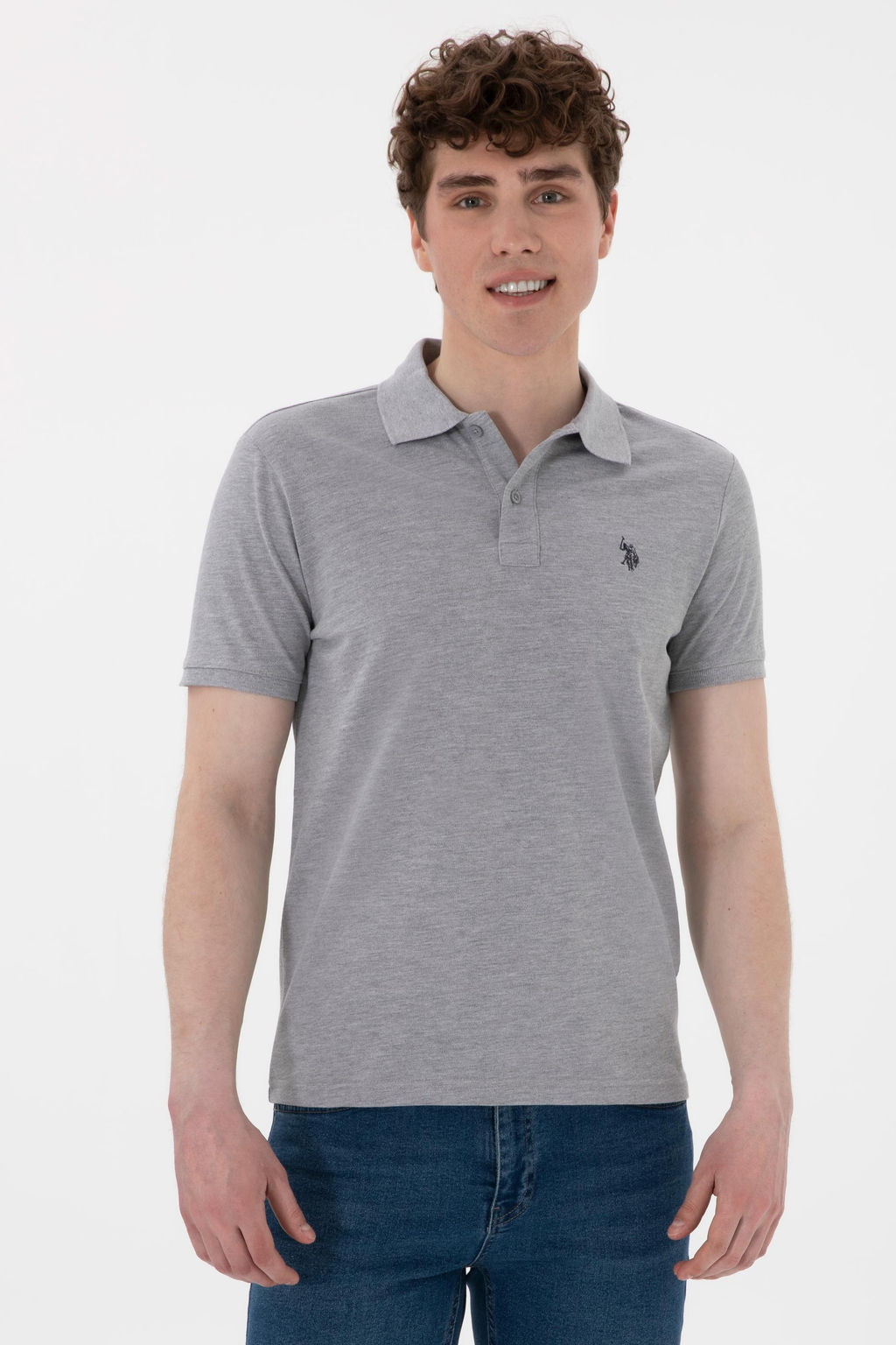 Erkek Slim Fit Polo Yaka Gri Melanj Basic Ti__rt Sepette S_rpriz _ndirim